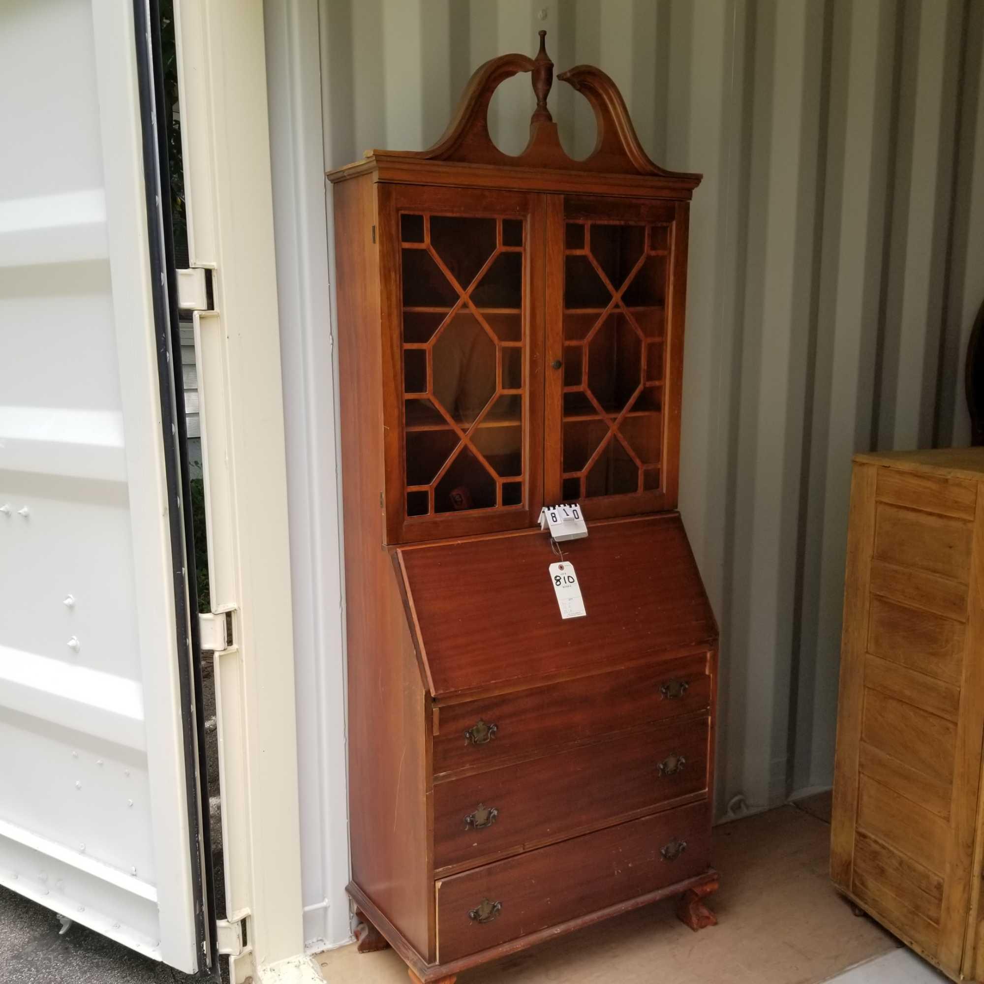 Drop Front Secretary with Glass Wood Inlay Doors and Chalice Top