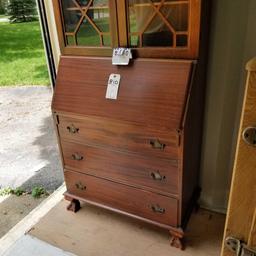 Drop Front Secretary with Glass Wood Inlay Doors and Chalice Top