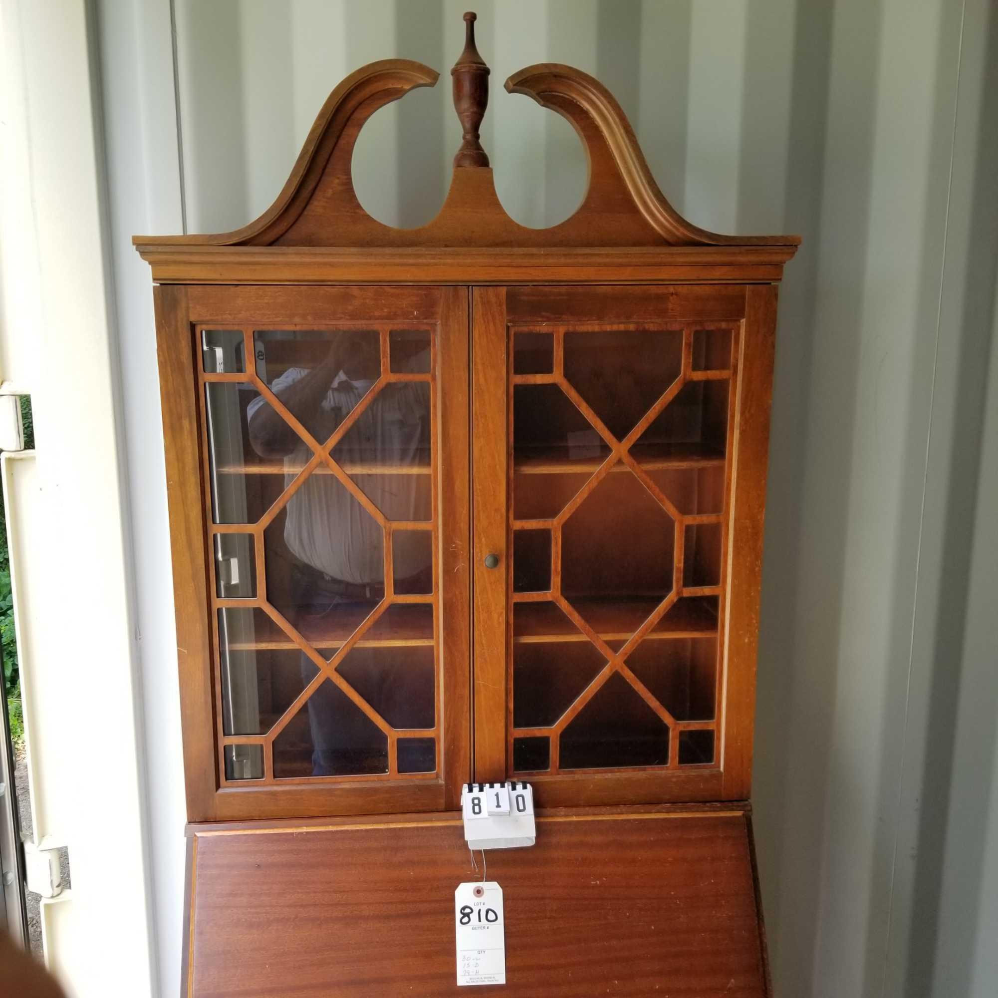 Drop Front Secretary with Glass Wood Inlay Doors and Chalice Top