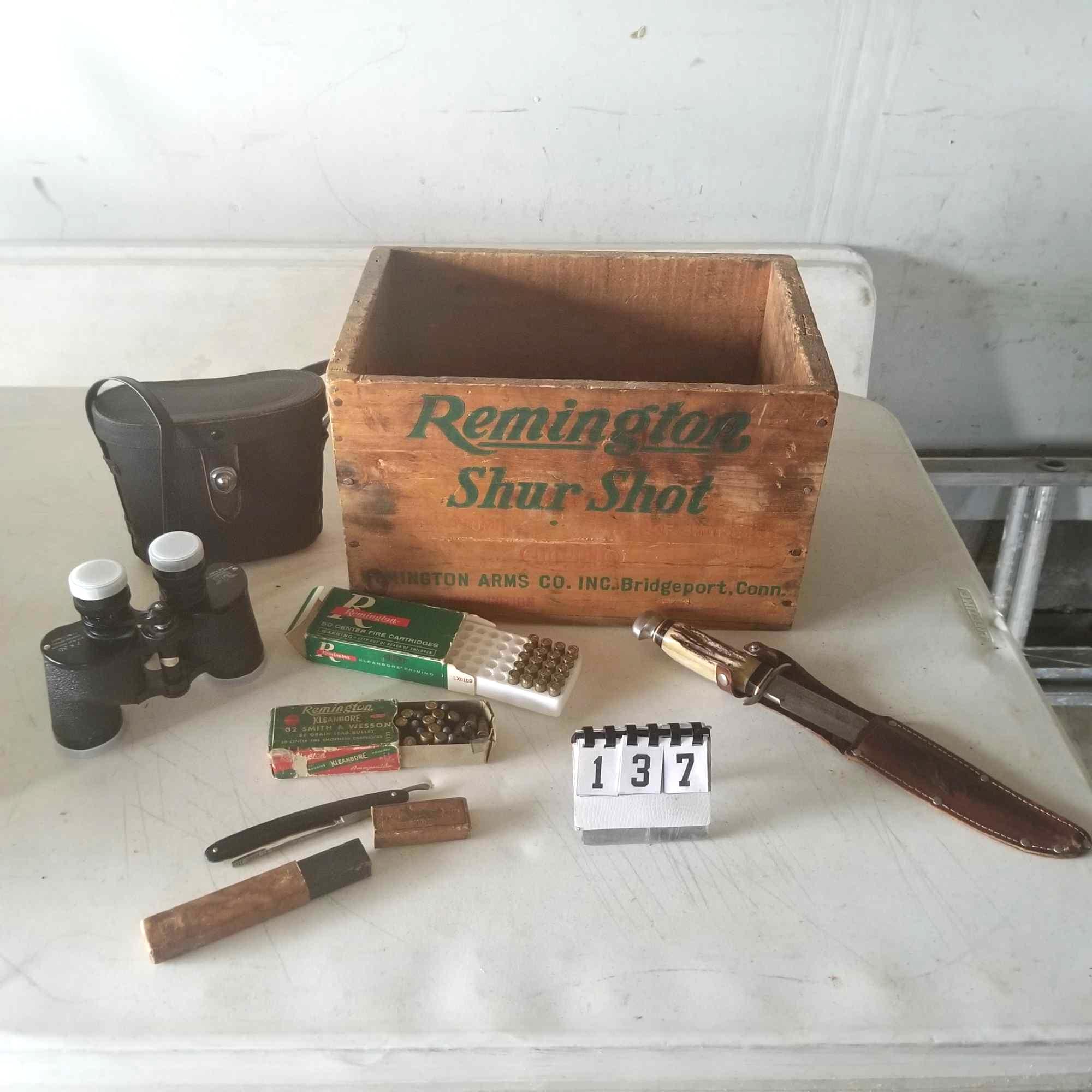 Remington Wood Ammo Box, Binoculars and Ammo