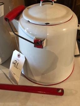 (2) Black & red-handled coffee pots w/enamel dipper.