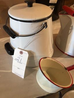 (2) Black & red-handled coffee pots w/enamel dipper.