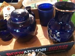 Cobalt blue items ~ drinking glass, vase, lidded container, and other items