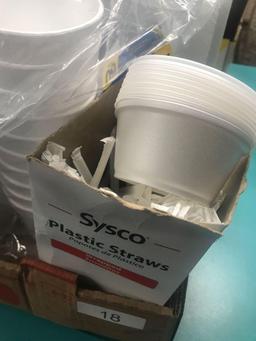 Styrofoam cups, straws and paper towels