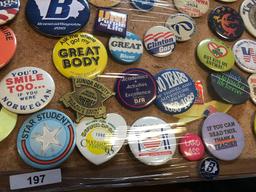 Corkboard of political pins and cigar box of Bedel Congress political pins....