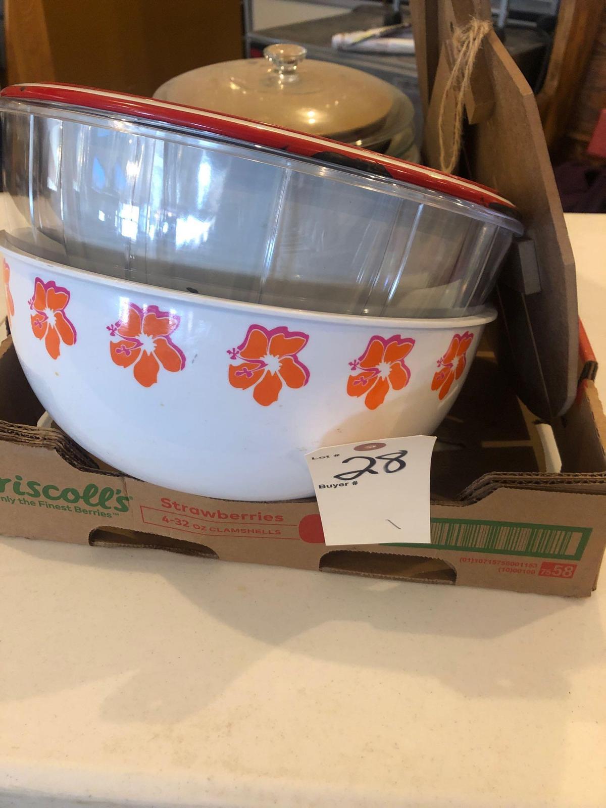 Red rim porcelain bowls, various dinner plates, plastic salad bowl and heart shaped sign.