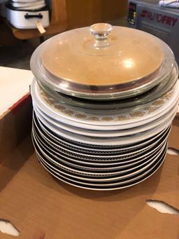 Red rim porcelain bowls, various dinner plates, plastic salad bowl and heart shaped sign.