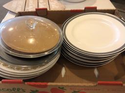 Red rim porcelain bowls, various dinner plates, plastic salad bowl and heart shaped sign.