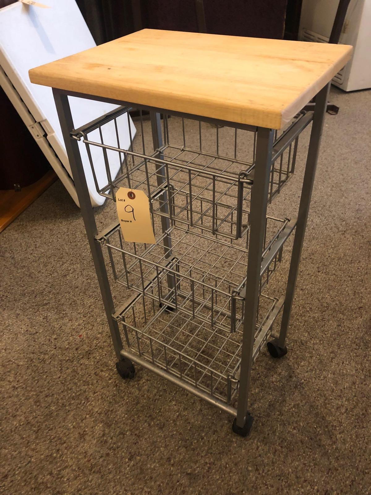 Small serving rack on rollers w/ (3) wire drawers. - NO SHIPPING!