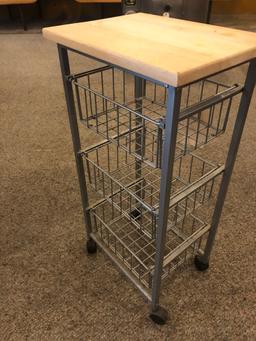 Small serving rack on rollers w/ (3) wire drawers. - NO SHIPPING!