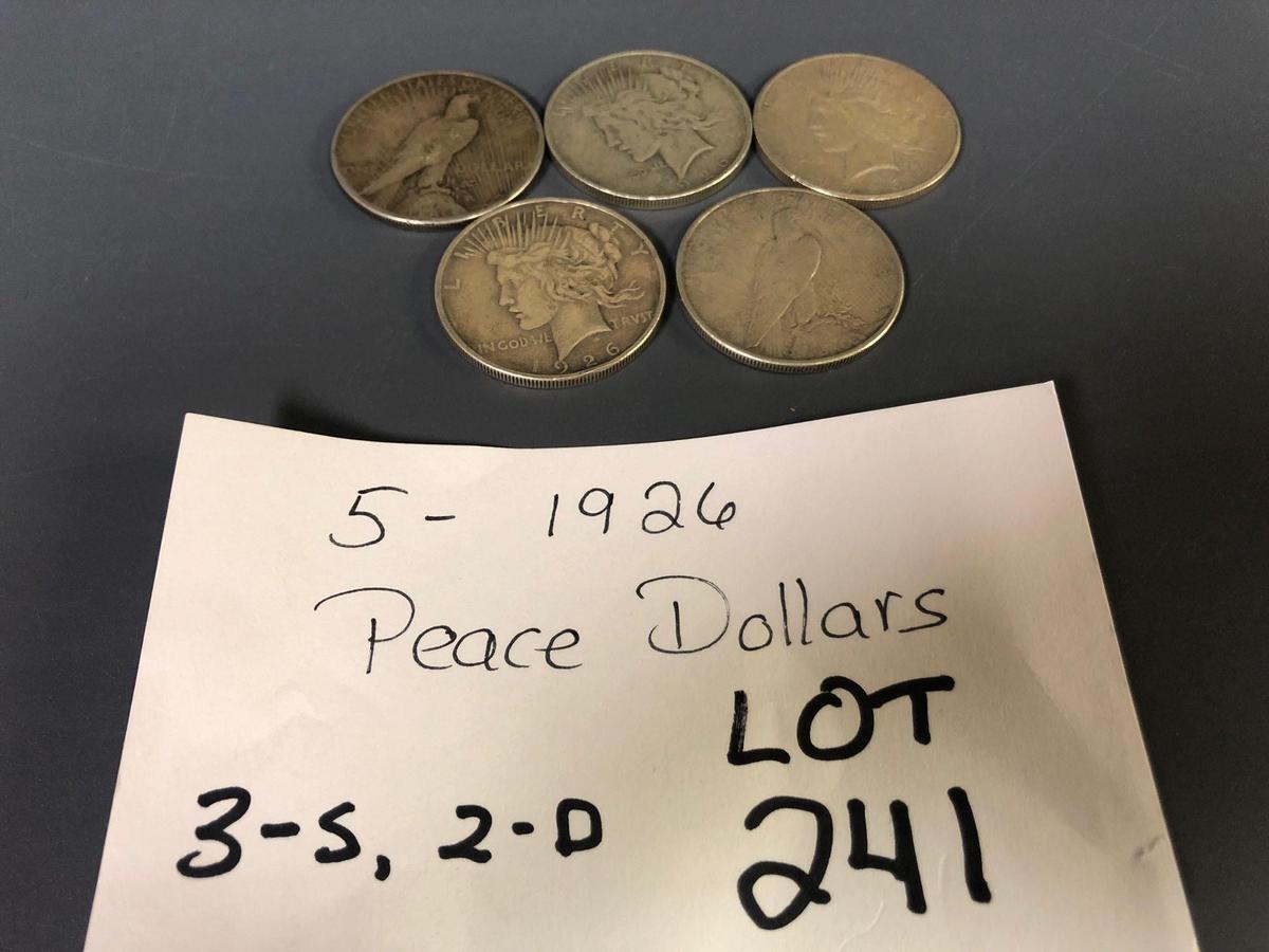 (5) 1926 Peace Silver Dollars