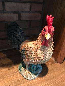 Rooster, wooden duck and covered decorative pot