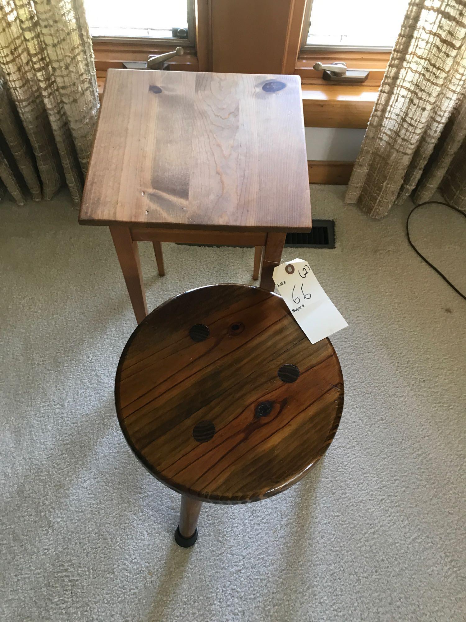 14" high 3 legged wooden stool and 11" square 19.5" tall wood table. NO SHIPPING!