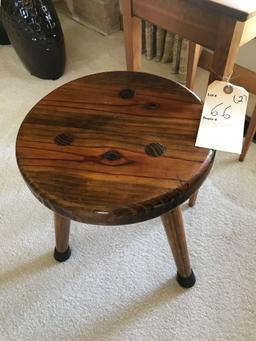 14" high 3 legged wooden stool and 11" square 19.5" tall wood table. NO SHIPPING!