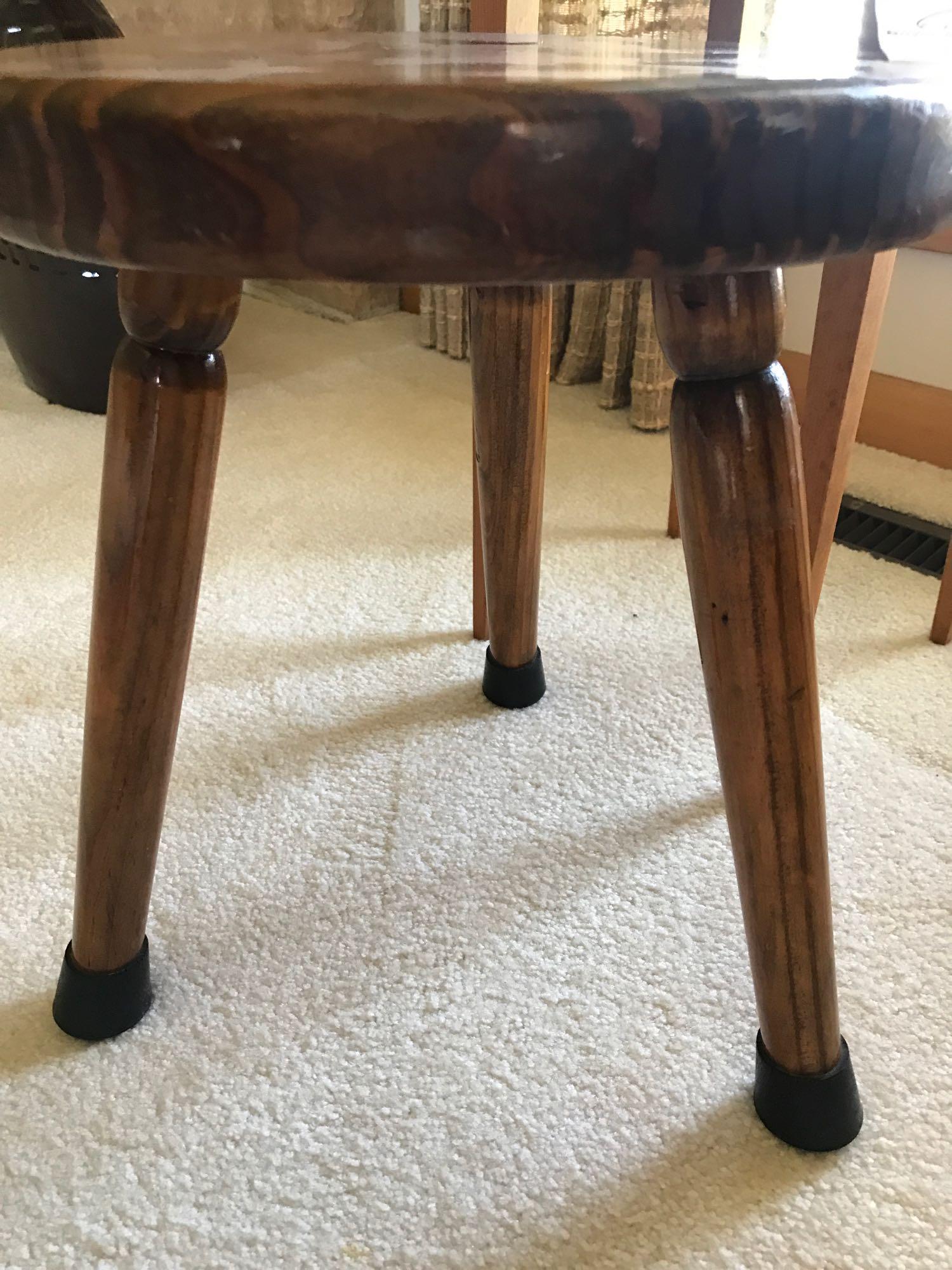 14" high 3 legged wooden stool and 11" square 19.5" tall wood table. NO SHIPPING!