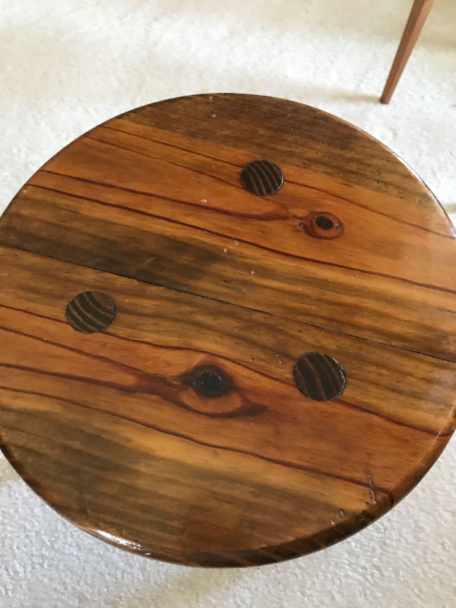 14" high 3 legged wooden stool and 11" square 19.5" tall wood table. NO SHIPPING!