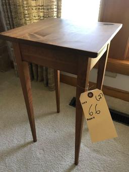 14" high 3 legged wooden stool and 11" square 19.5" tall wood table. NO SHIPPING!