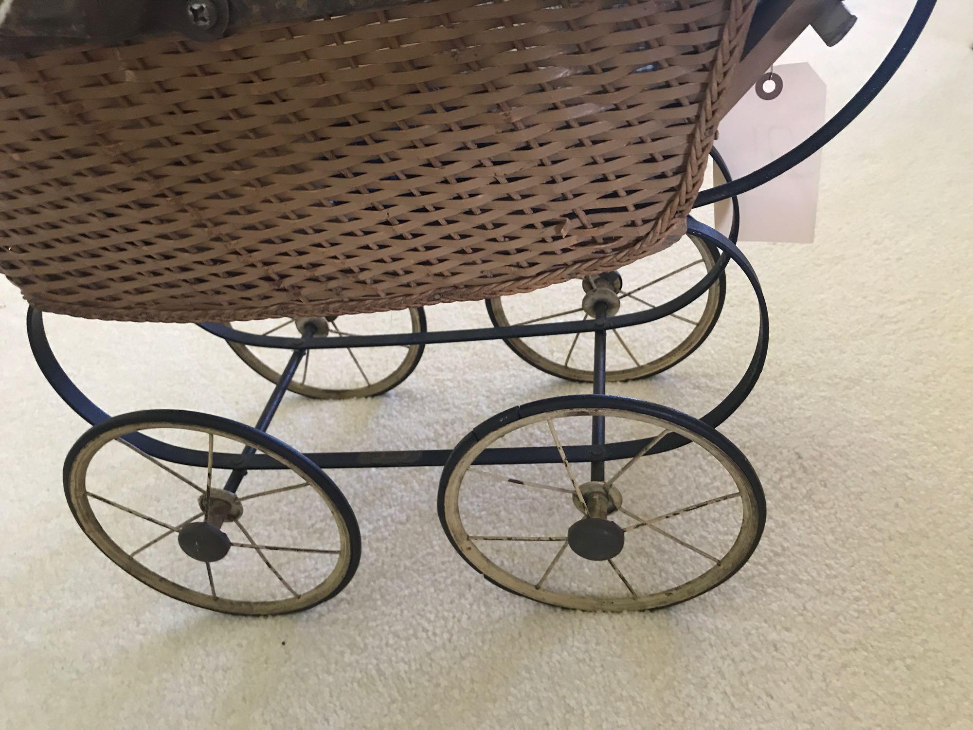Antique wicker doll buggy with doll - orignial nice shape. NO SHIPPING!