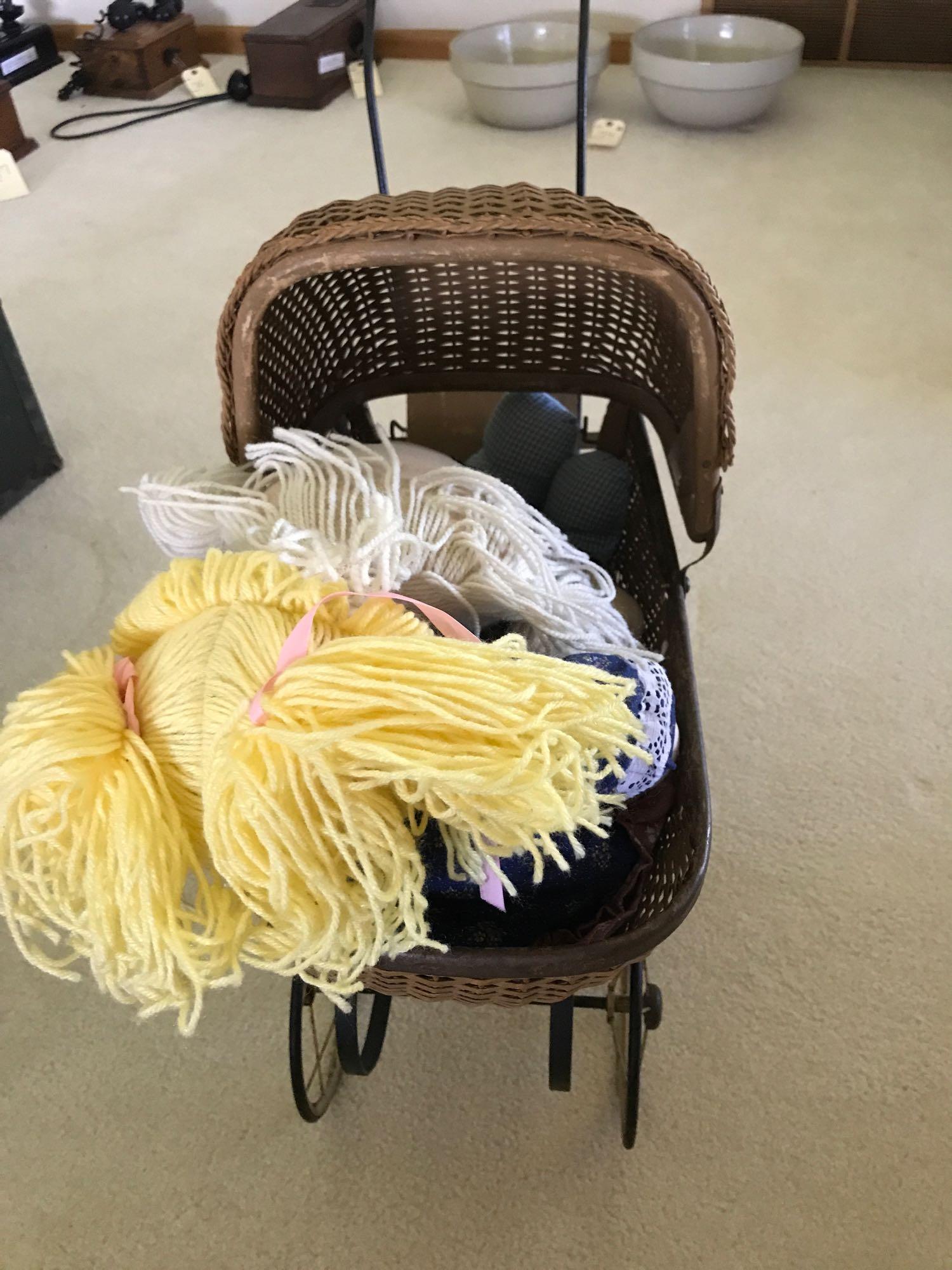 Antique wicker doll buggy with doll - orignial nice shape. NO SHIPPING!