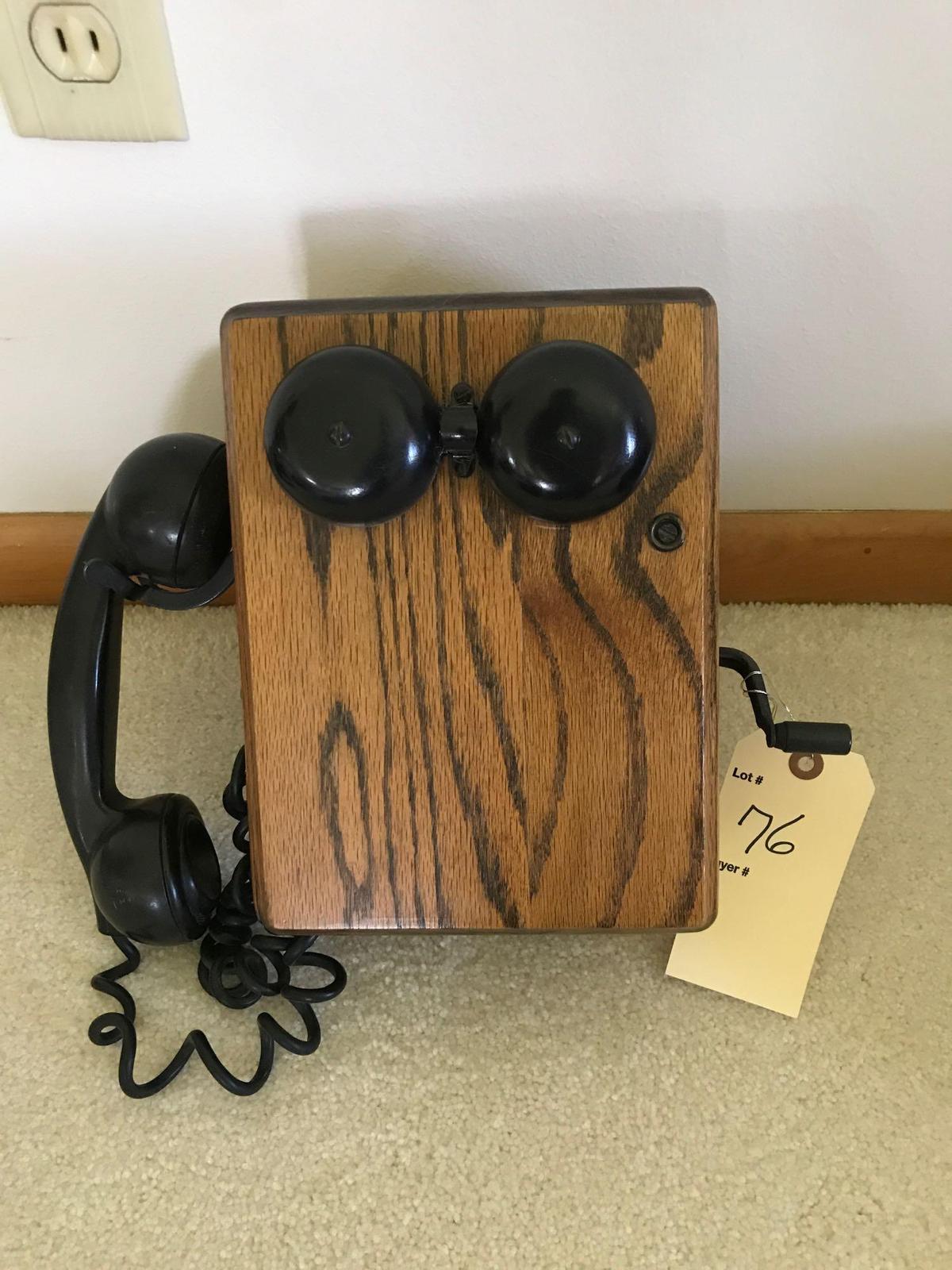 Oak antique wall phone w/hand crank