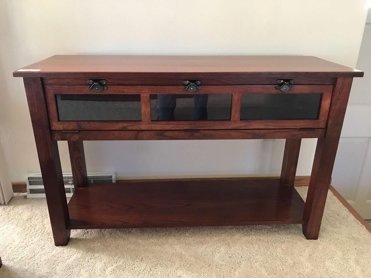 Oak Sofa Table with Glassfront door, 46'' L x 16'' D x 29'' T. NO SHIPPING AVAILABLE!