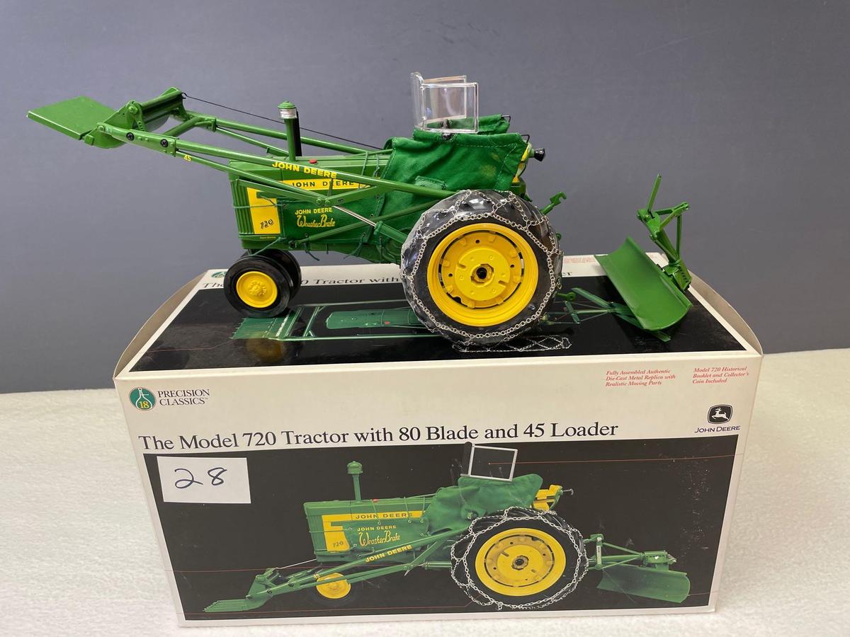 NIB Ertl 1/16th scale, Precision Classic model #720 JD tractor w/ #80 blade & #45 loader. Very Nice!