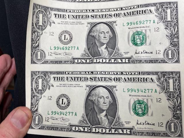 Sheet of 8 uncut 2001 $1 bills
