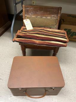 Vintage wood child's chair, metal box14''x10'', 2 pillow covers.