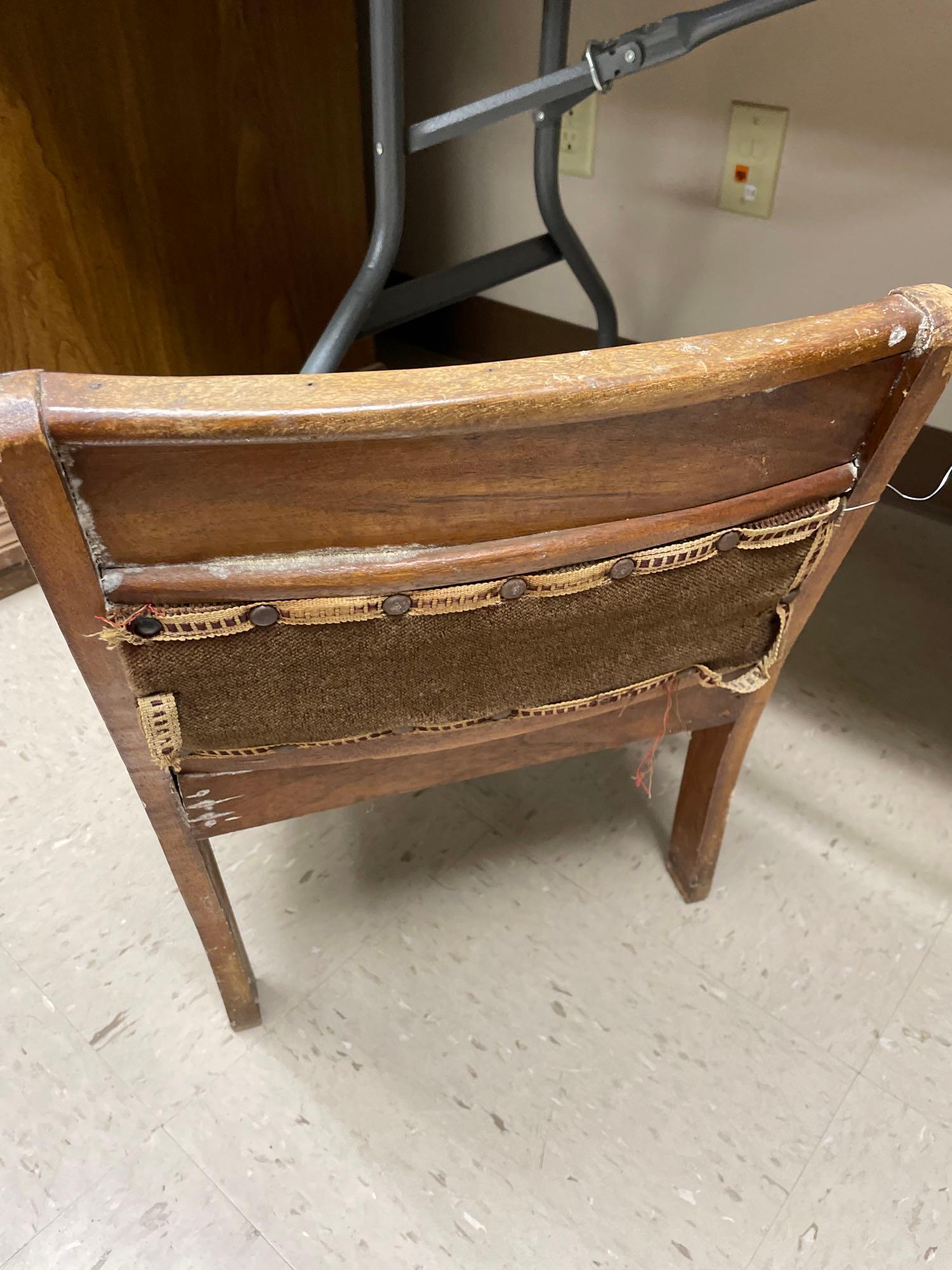 Vintage wood child's chair, metal box14''x10'', 2 pillow covers.