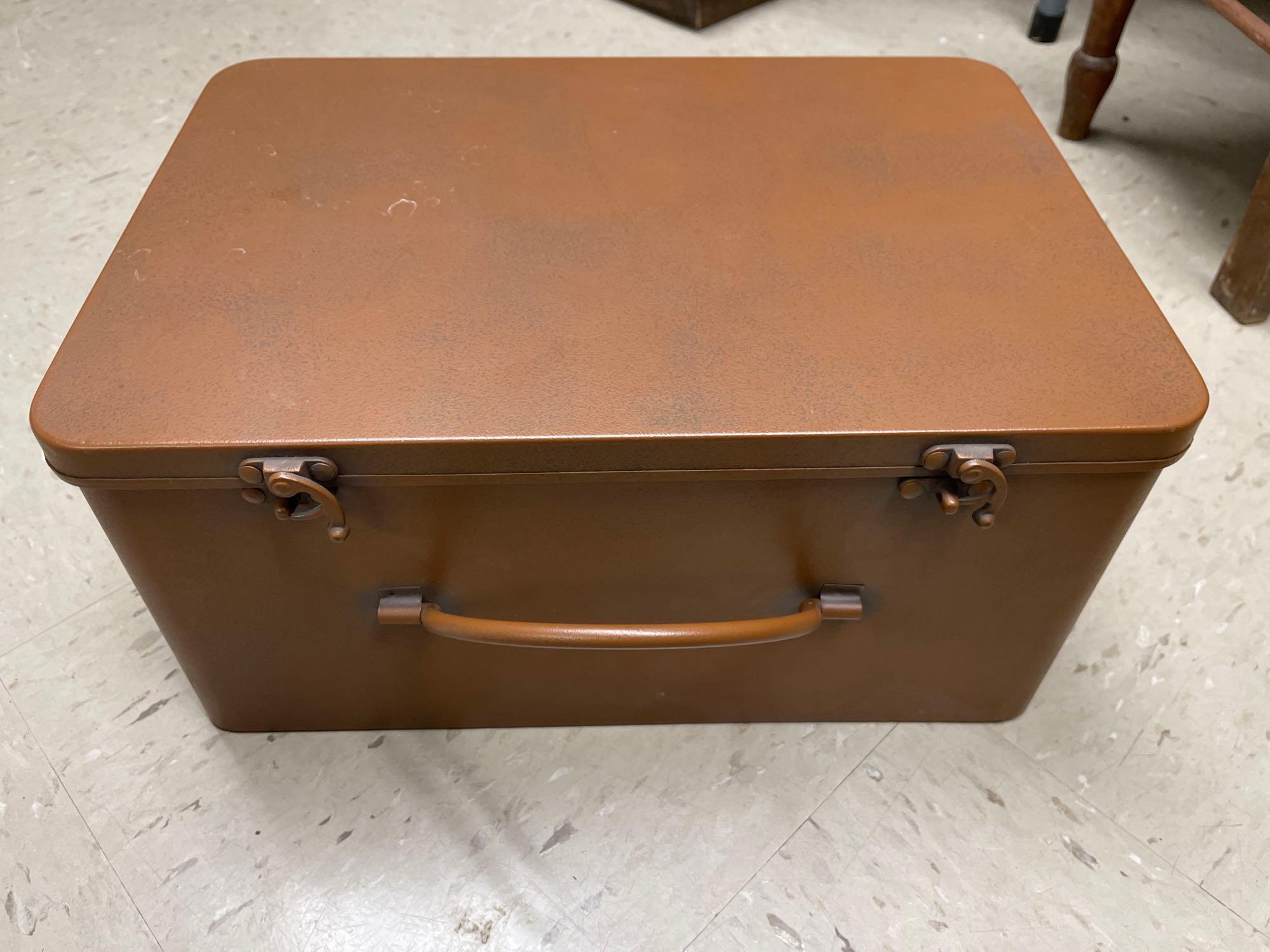 Vintage wood child's chair, metal box14''x10'', 2 pillow covers.