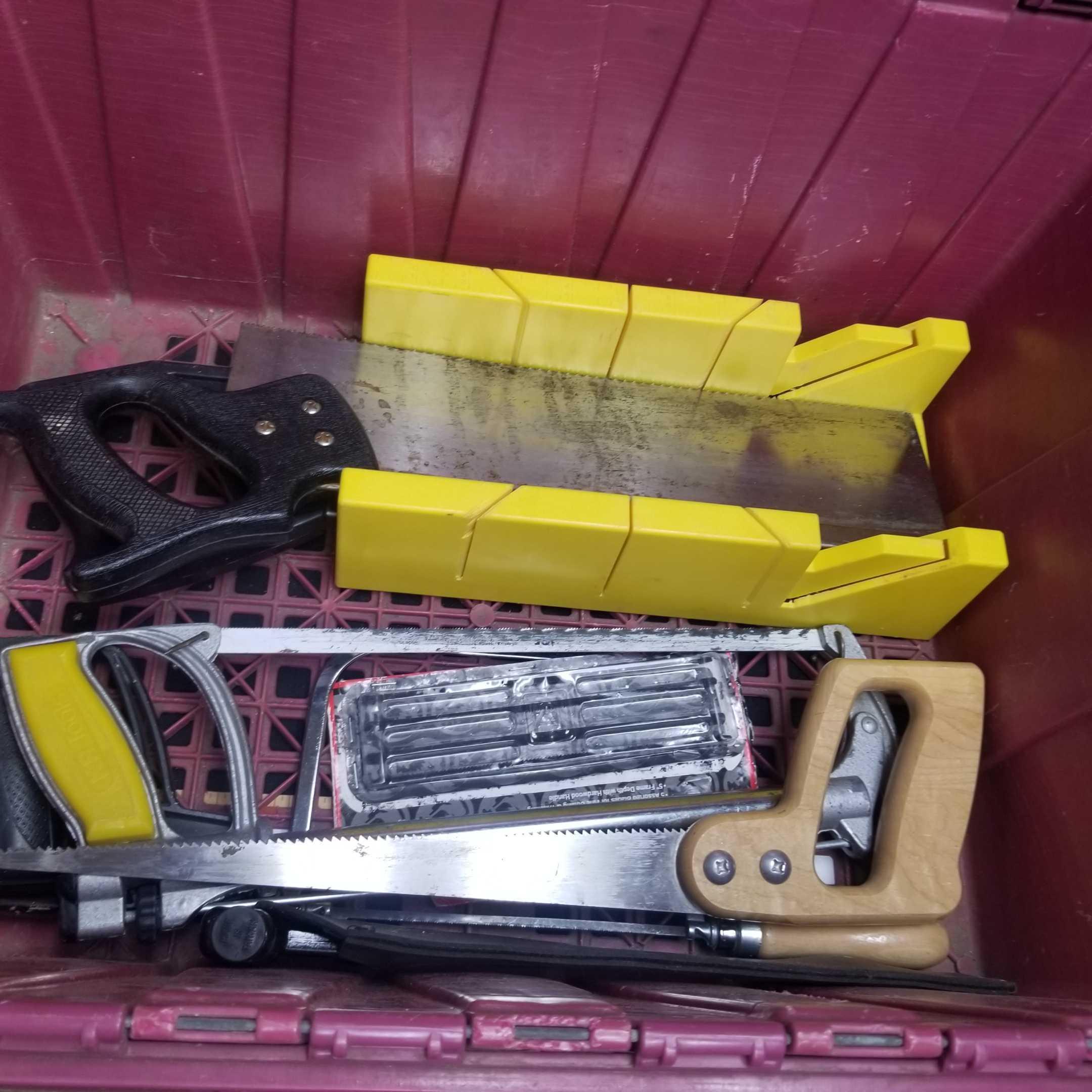 One tote of assorted Hand Saws and Mitre Box