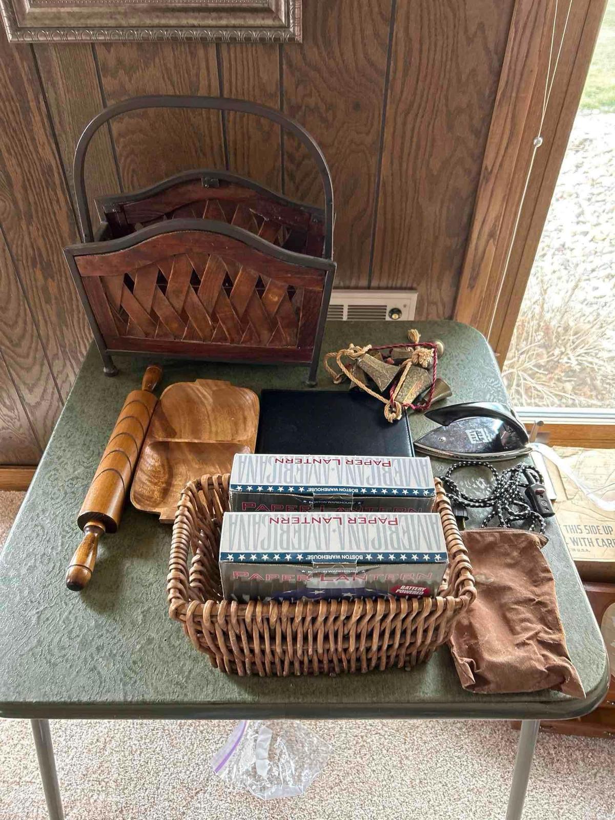 Magazine rack, paper lanterns, wood rolling pin, bells, etc