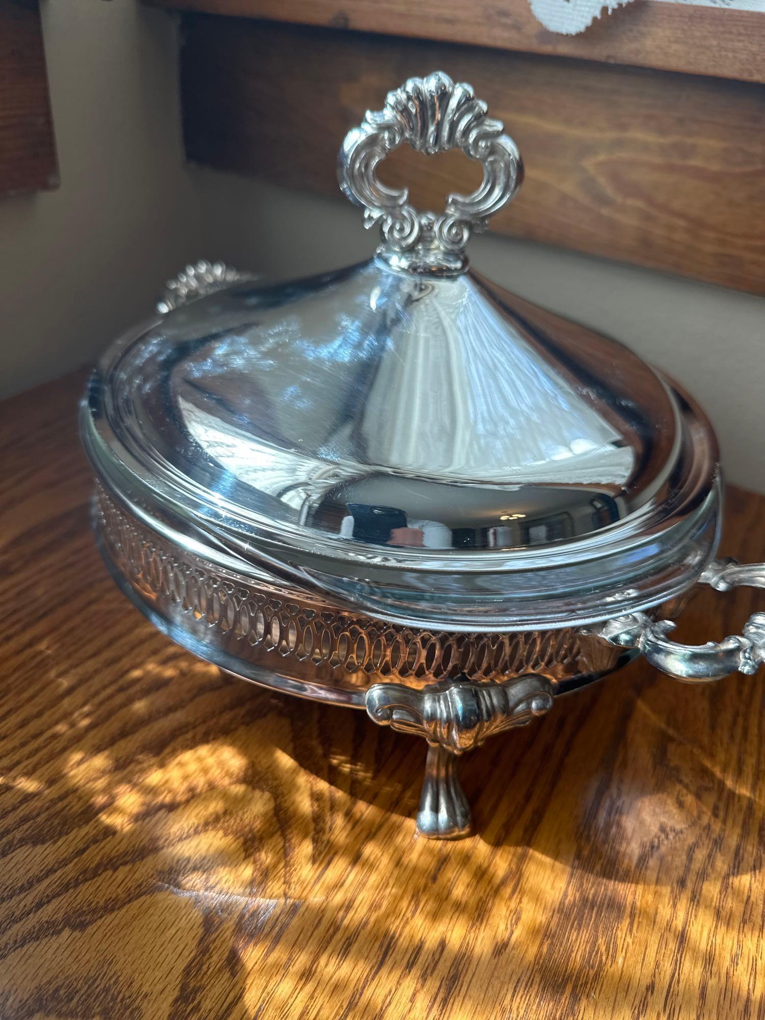 Pyrex casserole bowl with lid and ornate carrier, aluminum bread carrier, aluminum carrier for glass