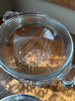 Pyrex casserole bowl with lid and ornate carrier, aluminum bread carrier, aluminum carrier for glass