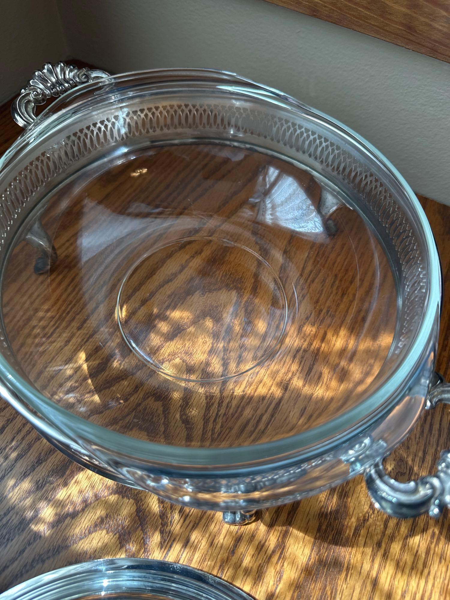 Pyrex casserole bowl with lid and ornate carrier, aluminum bread carrier, aluminum carrier for glass