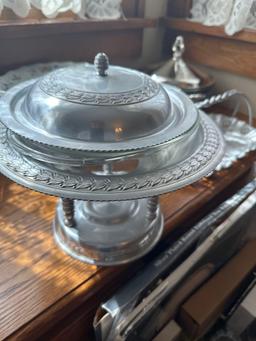 Pyrex casserole bowl with lid and ornate carrier, aluminum bread carrier, aluminum carrier for glass