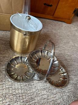 Silver plated shell like design 3 tier folding tray, (unusual), ice bucket, water pitcher, tongs,