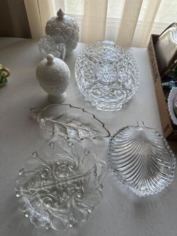 Various shapes of glass servers, milk glass candy dishes with lids.......Shipping