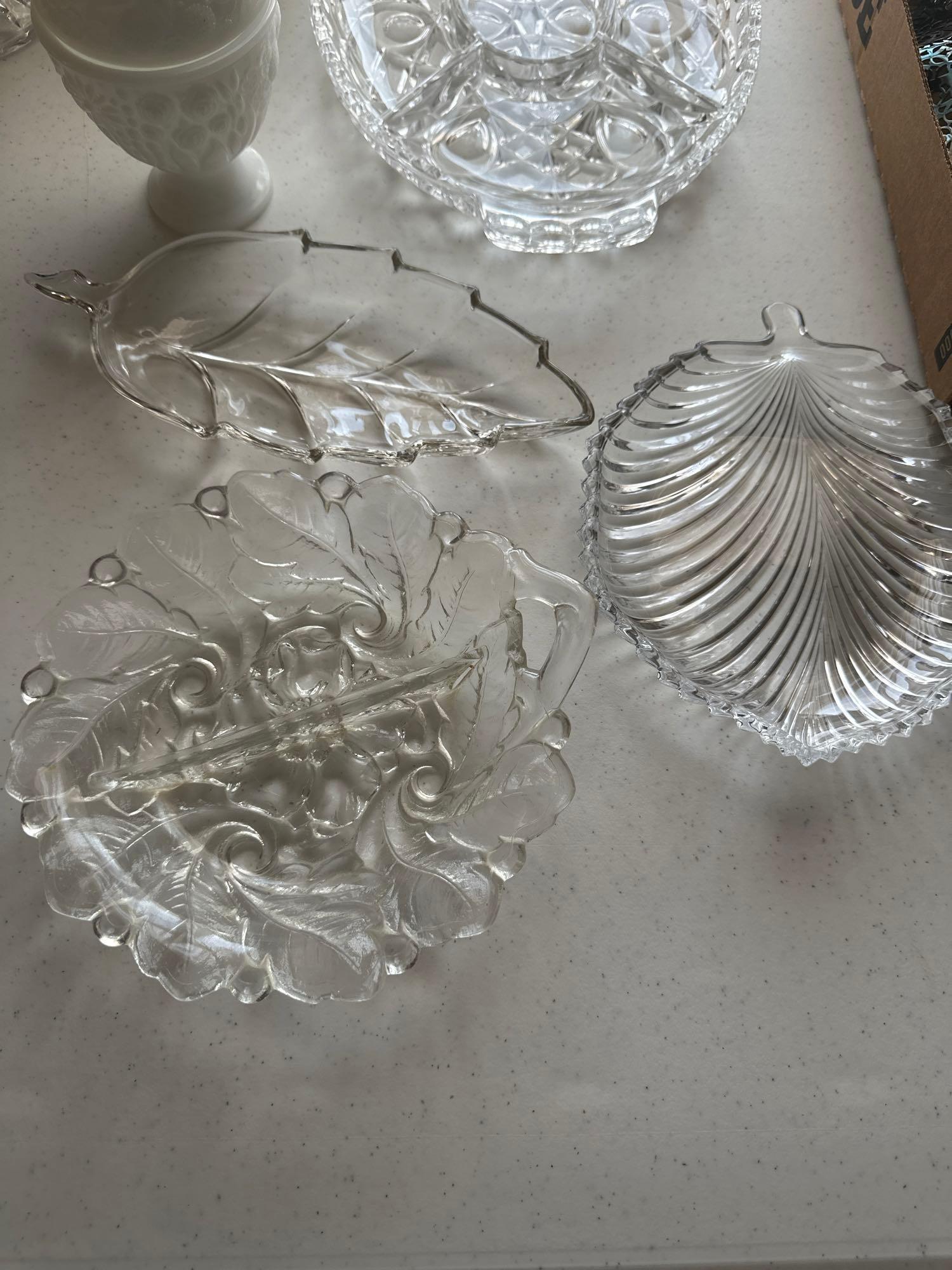 Various shapes of glass servers, milk glass candy dishes with lids.......Shipping