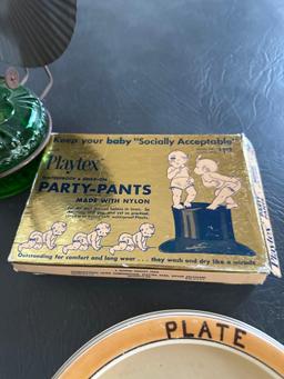 Baby's porcelain plate, Playtex party pants, kerosene lantern, lots of misc....