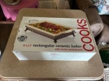 9'' x 13'' rectangular ceramic baker with metal serving rack in box.......Shipping