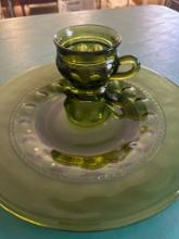 Avocado Indiana glass Snack set plate and cup. Indiana Kings Crown thumbprint six place setting.