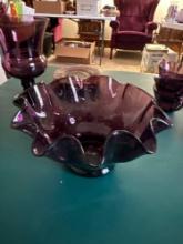 Vintage Bischoff amethyst glass ruffled compote. Amethyst cups, plates, flower vase. Shipping.