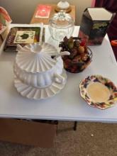 Large gravy boat with lid and ladle, plates, etc.