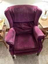 2 ruby red velour wing back chairs, (occassional and recliner)