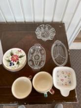 Vintage crystal glass devided relish tray and pressed glass bowl matching set of cups and plates