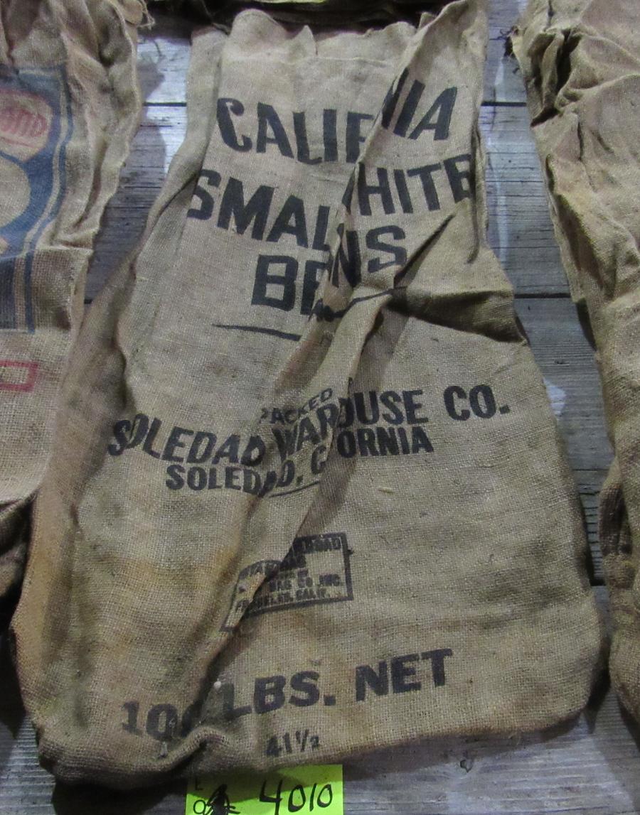 4 gunny sacks, CA small white beans, CA Blackeyes, CA Baby Limas, MI #1 Yellow Eye