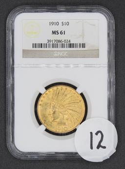 1910 $10 Indian Head Eagle Gold Coin, NGC MS61