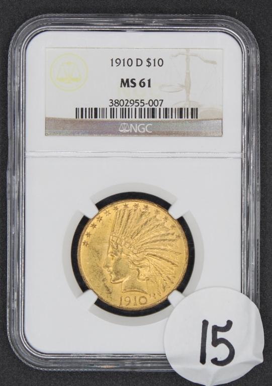 1910-D $10 Indian Head Eagle Gold Coin, NGC MS61