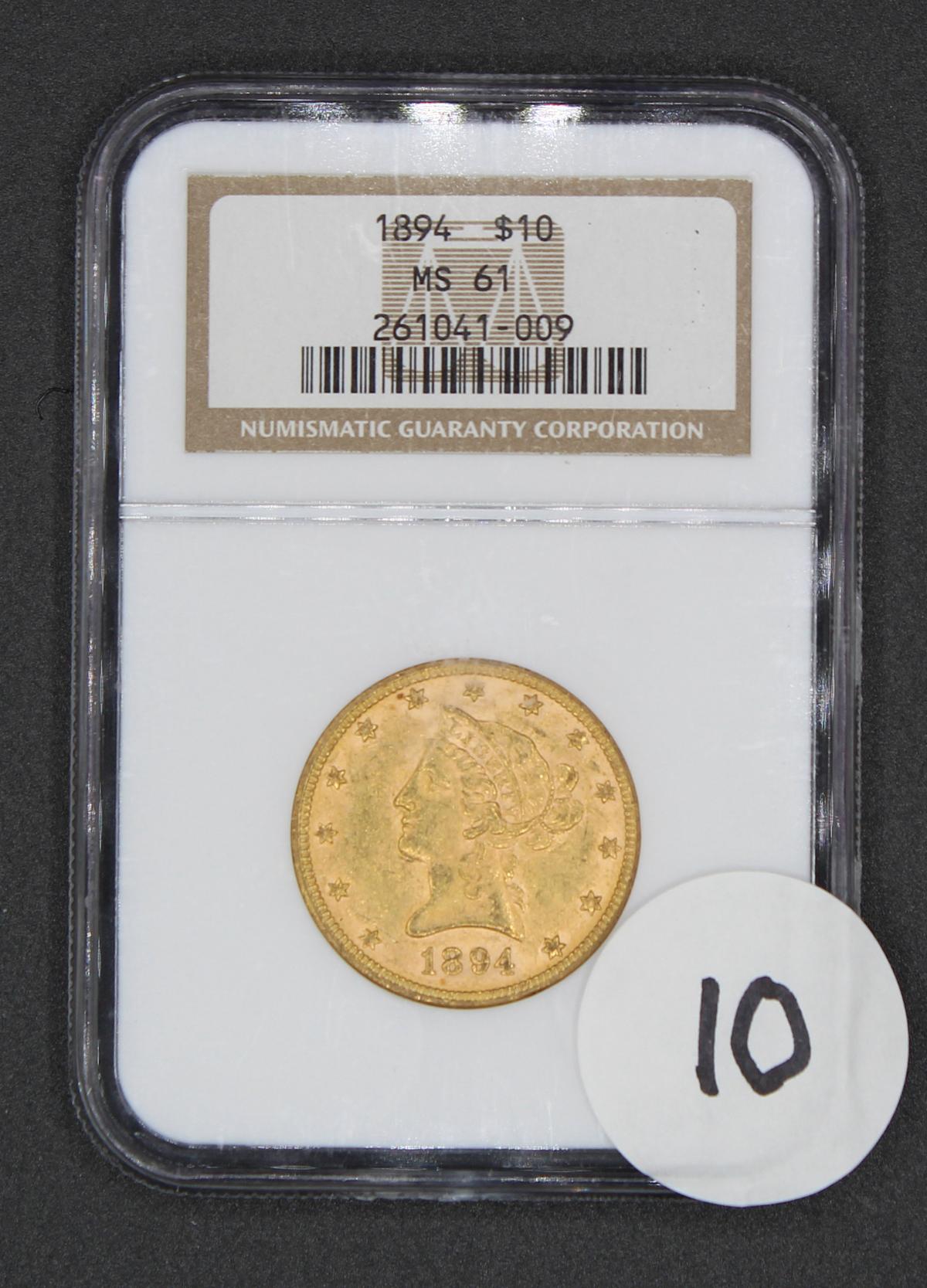 1894 $10 Liberty Head Eagle Gold Coin, NGC MS61